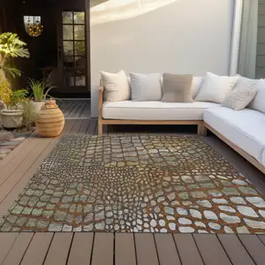 Photo of Copper Gold And Brown Abstract Washable Indoor Outdoor Area Rug