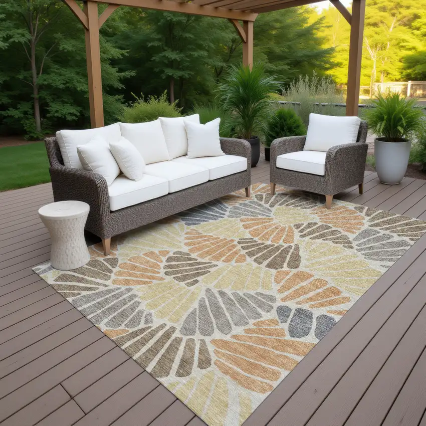 Copper Gold And Brown Floral Washable Indoor Outdoor Area Rug Photo 6
