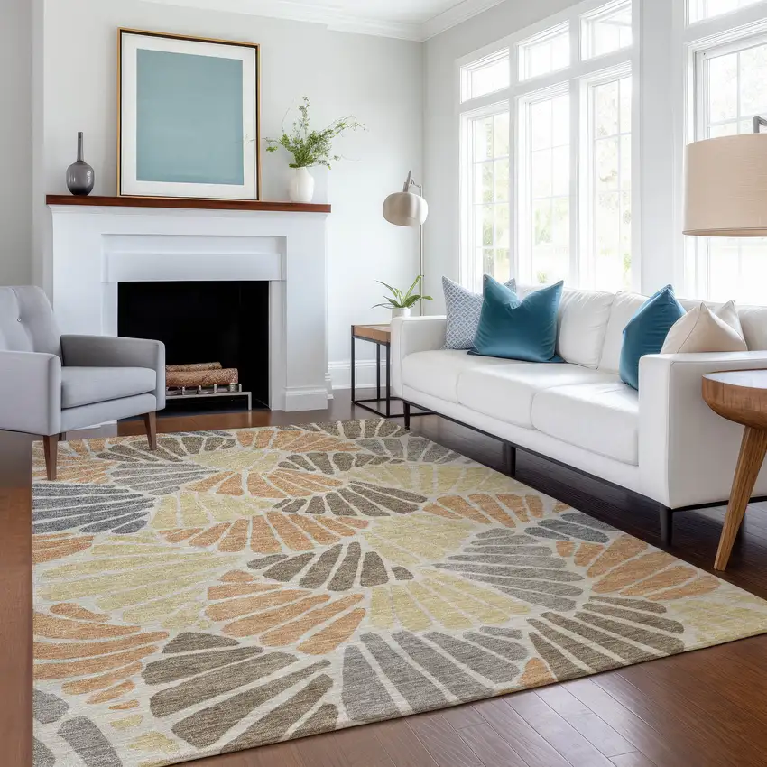 Copper Gold And Brown Floral Washable Indoor Outdoor Area Rug Photo 6