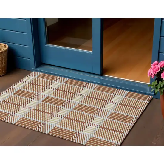 Copper Gold And Gray Plaid Washable Indoor Outdoor Area Rug Photo 1