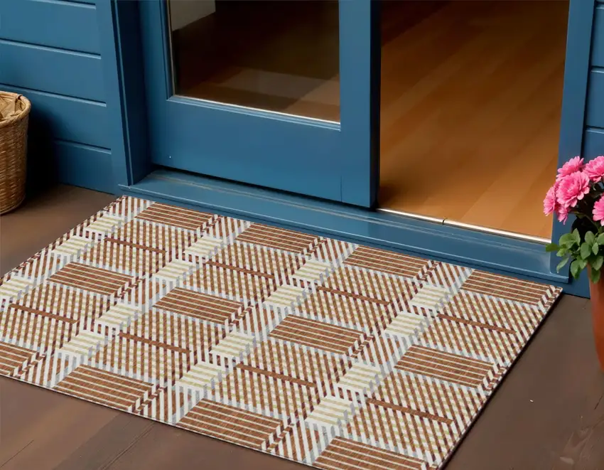 Copper Gold And Gray Plaid Washable Indoor Outdoor Area Rug Photo 1