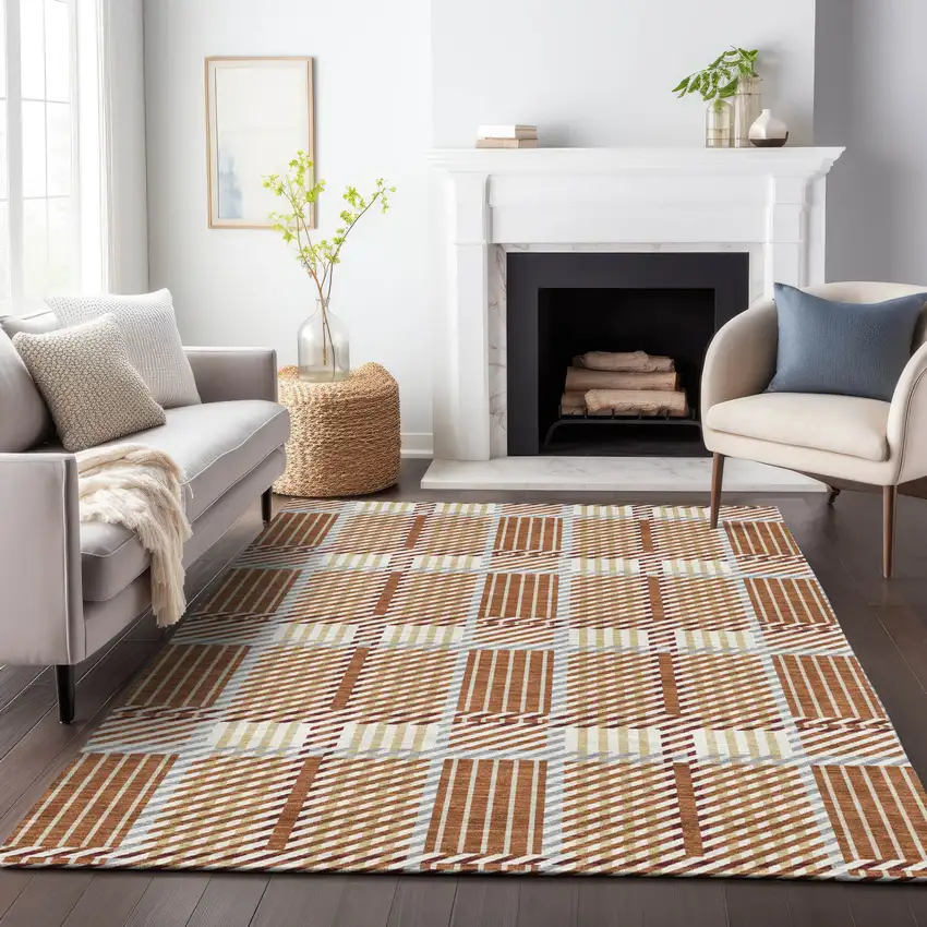 Copper Gold And Gray Plaid Washable Indoor Outdoor Area Rug Photo 8