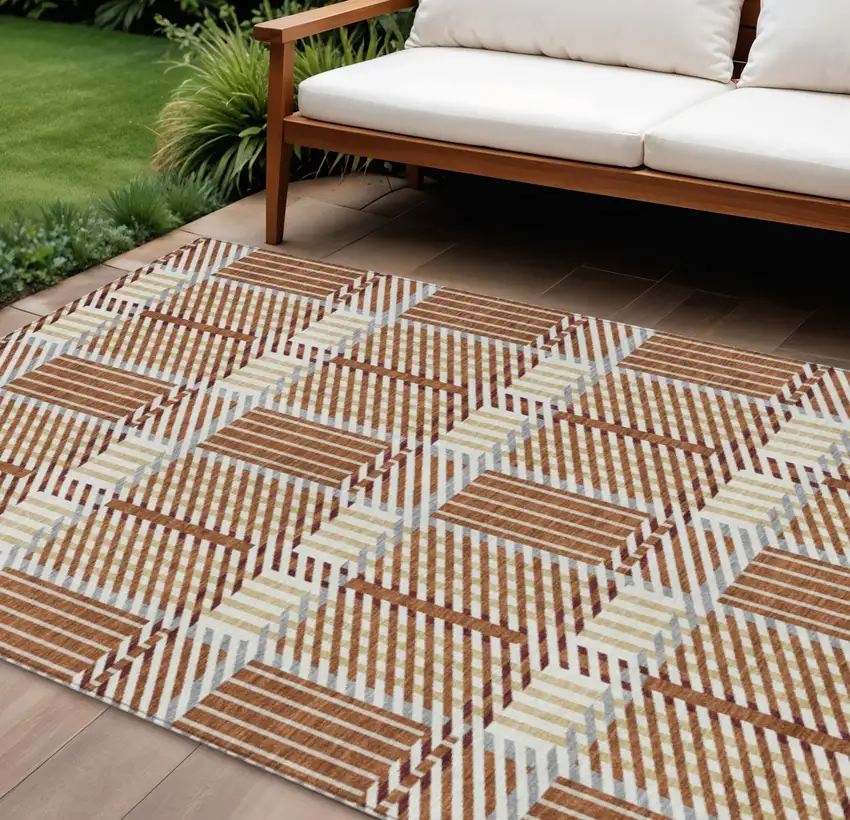 Copper Gold And Gray Plaid Washable Indoor Outdoor Area Rug Photo 1