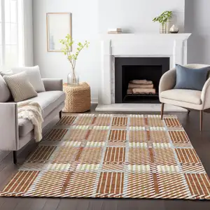 Photo of Copper Gold And Gray Plaid Washable Indoor Outdoor Area Rug