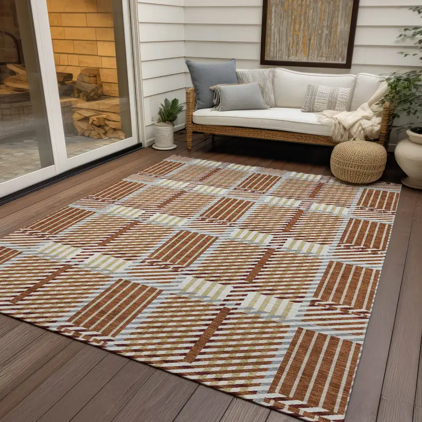 Copper Gold And Gray Plaid Washable Indoor Outdoor Area Rug Photo 8