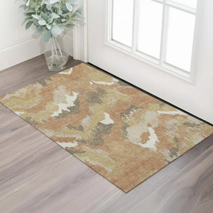 Copper Gold And Ivory Abstract Washable Area Rug With UV Protection Photo 1