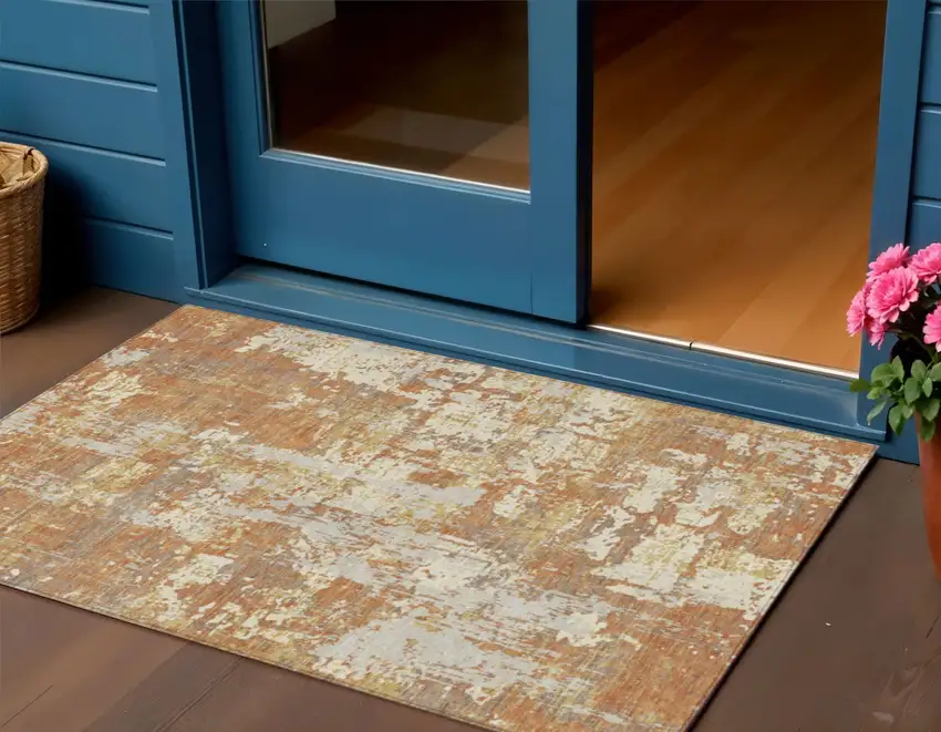 Copper Gold And Ivory Abstract Washable Indoor Outdoor Area Rug Photo 1