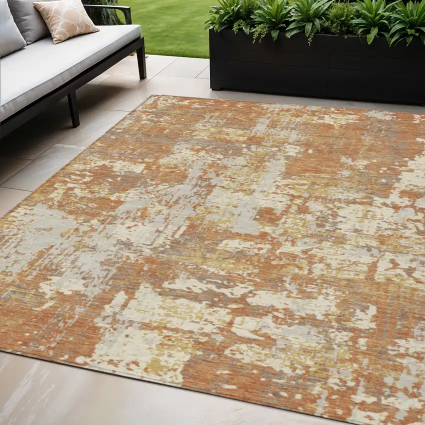 Copper Gold And Ivory Abstract Washable Indoor Outdoor Area Rug Photo 1