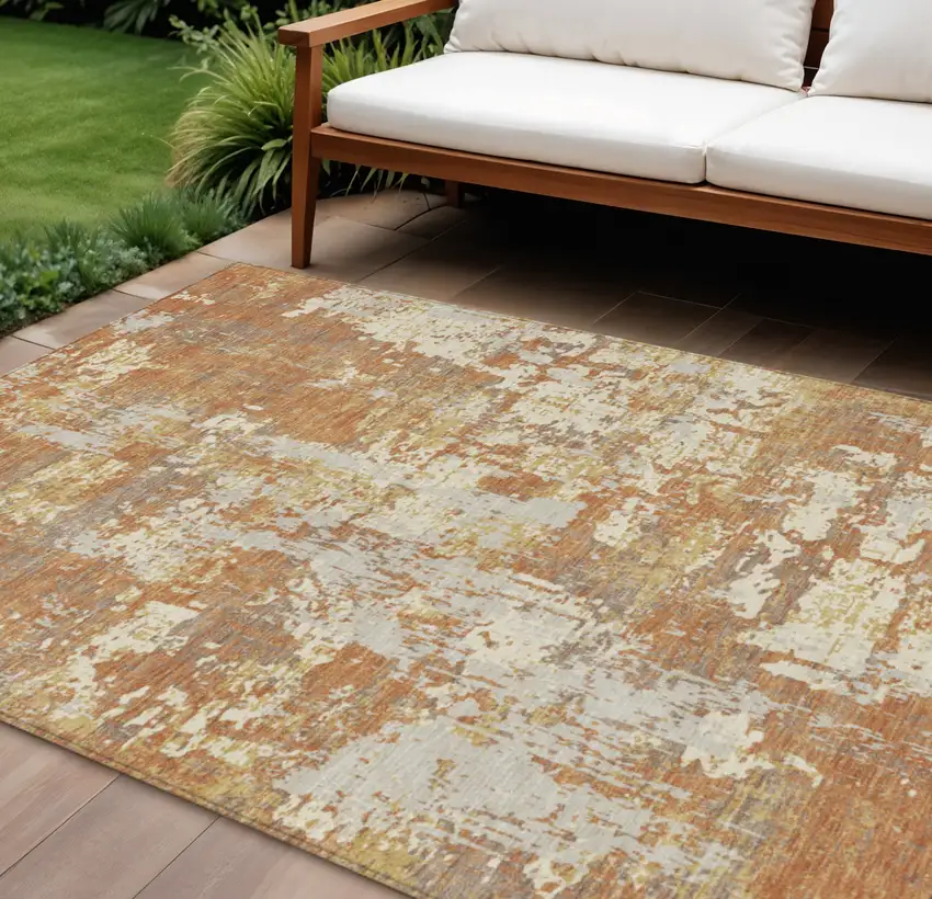 Copper Gold And Ivory Abstract Washable Indoor Outdoor Area Rug Photo 1