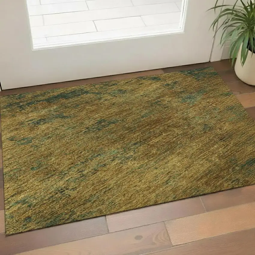 Copper Gold And Teal Abstract Washable Area Rug With UV Protection Photo 2