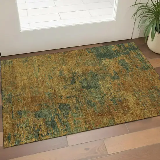 Copper Gold And Teal Abstract Washable Area Rug With UV Protection Photo 1