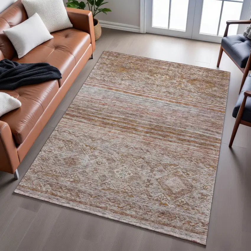 Copper Gray And Beige Abstract Geometric Washable Area Rug With UV Protection Photo 1