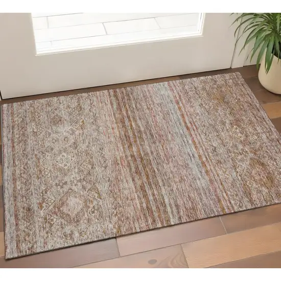 Copper Gray And Beige Abstract Geometric Washable Area Rug With UV Protection Photo 1