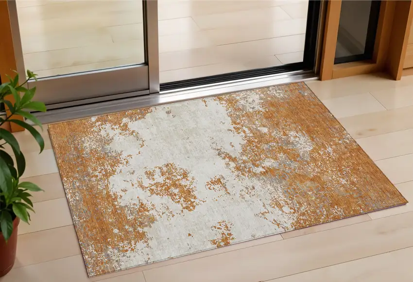 Copper Gray And Beige Abstract Washable Indoor Outdoor Area Rug Photo 1