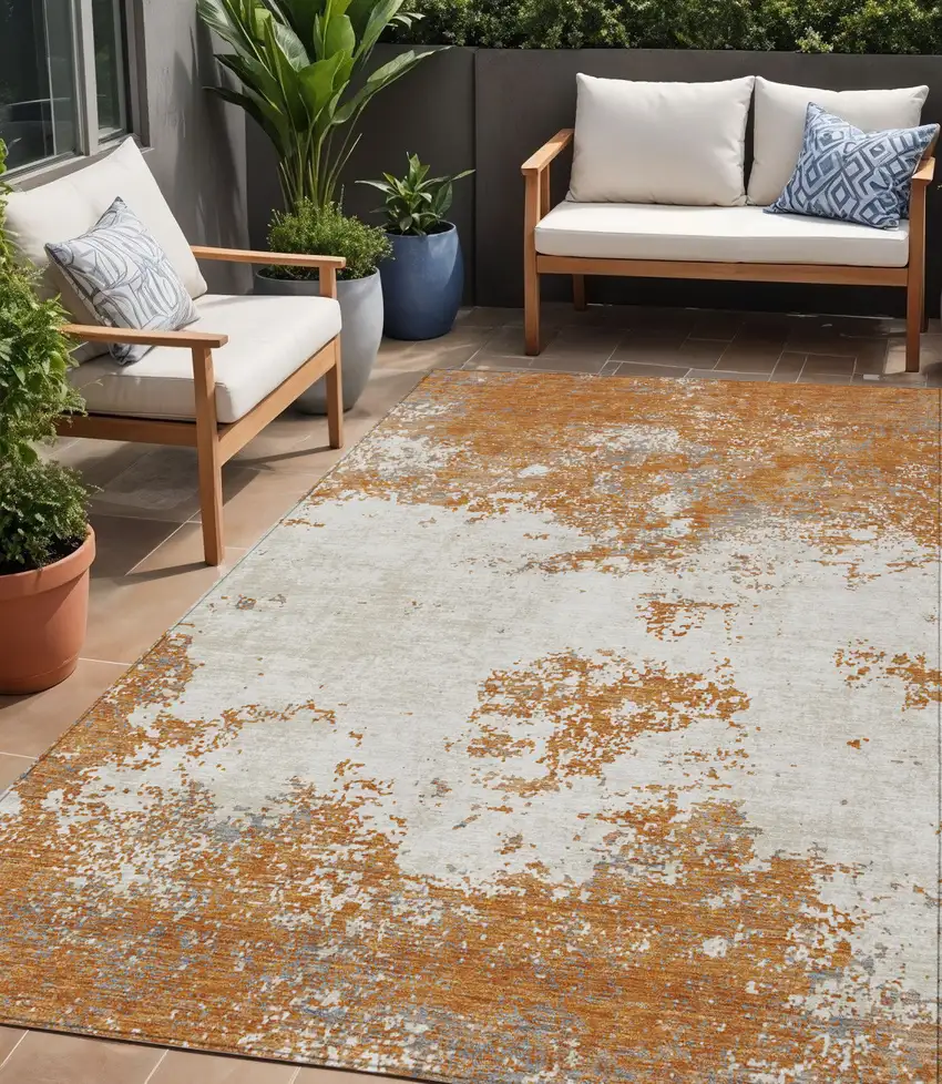 Copper Gray And Beige Abstract Washable Indoor Outdoor Area Rug Photo 1