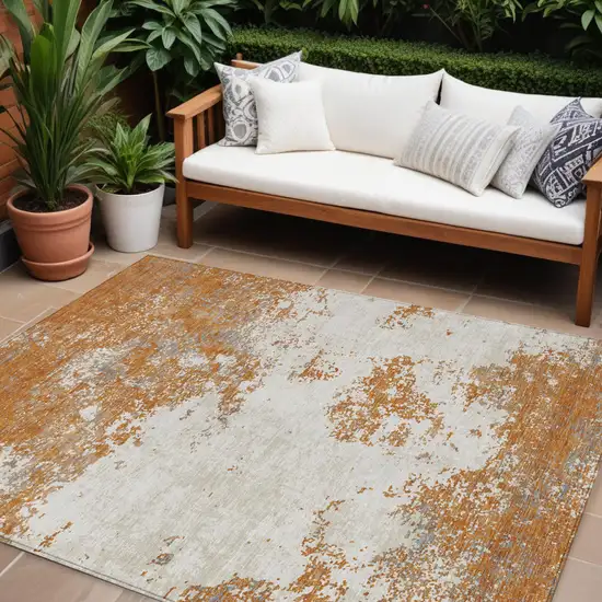 Copper Gray And Beige Abstract Washable Indoor Outdoor Area Rug Photo 1