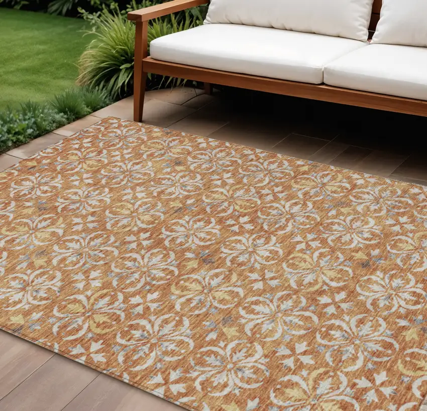 Copper Gray And Beige Floral Washable Indoor Outdoor Area Rug Photo 1