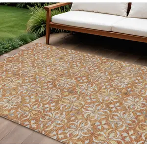 Photo of Copper Gray And Beige Floral Washable Indoor Outdoor Area Rug