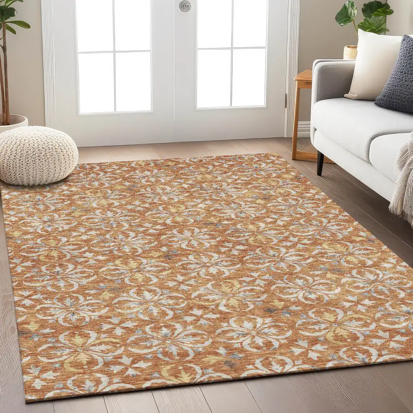Copper Gray And Beige Floral Washable Indoor Outdoor Area Rug Photo 9