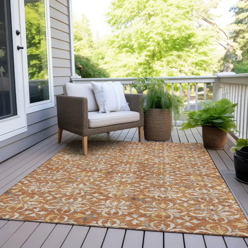 Copper Gray And Beige Floral Washable Indoor Outdoor Area Rug Photo 8