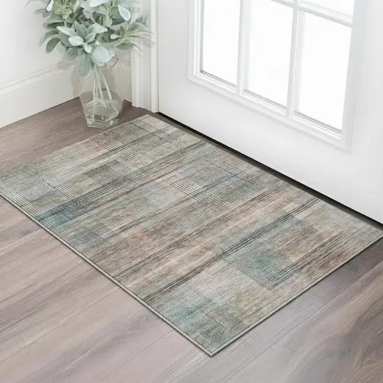 Copper Gray And Beige Striped Washable Area Rug With UV Protection Photo 2