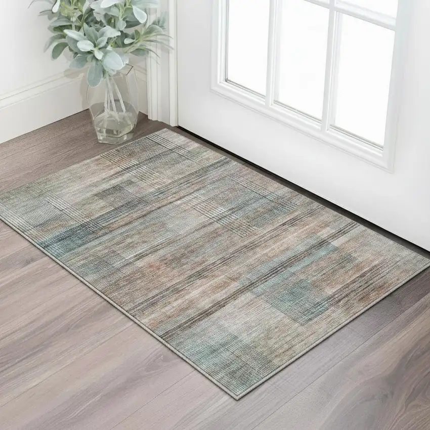 Copper Gray And Beige Striped Washable Area Rug With UV Protection Photo 2