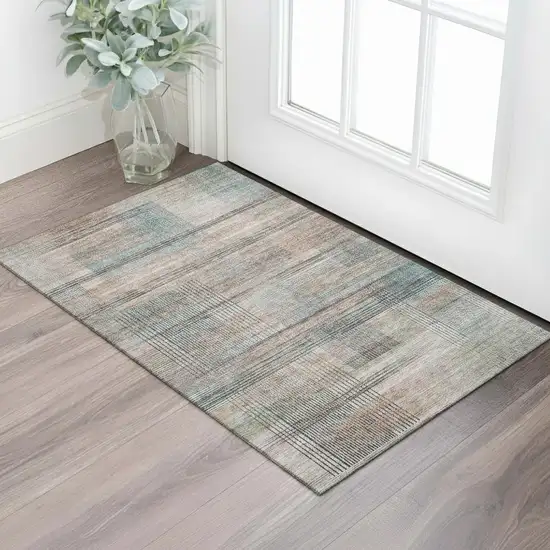 Copper Gray And Beige Striped Washable Area Rug With UV Protection Photo 1