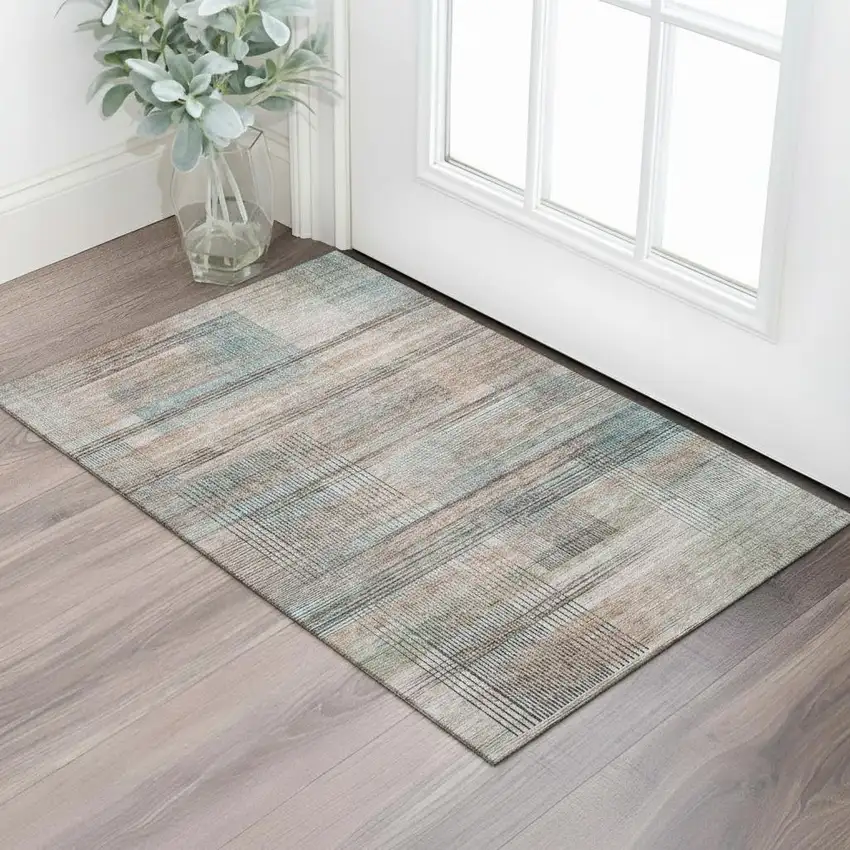Copper Gray And Beige Striped Washable Area Rug With UV Protection Photo 1