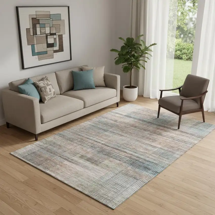 Copper Gray And Beige Striped Washable Area Rug With UV Protection Photo 1