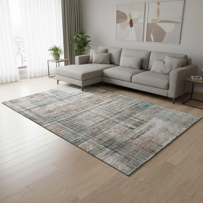 Copper Gray And Beige Striped Washable Area Rug With UV Protection Photo 2