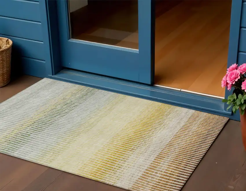 Copper Gray And Beige Striped Washable Indoor Outdoor Area Rug Photo 1