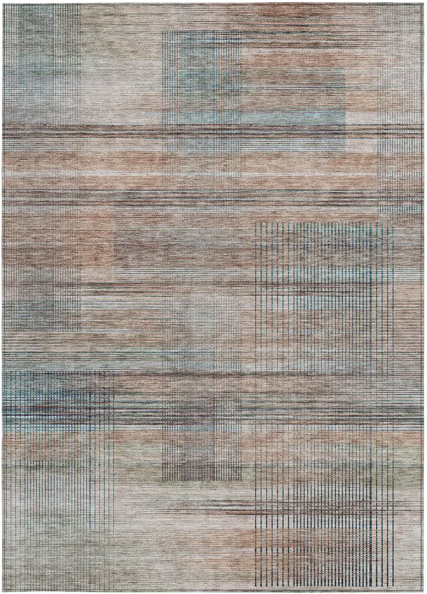 Copper Gray And Blue Striped Washable Indoor Outdoor Area Rug Photo 7