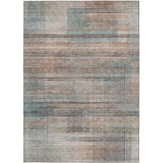 Copper Gray And Blue Striped Washable Indoor Outdoor Area Rug Photo 7