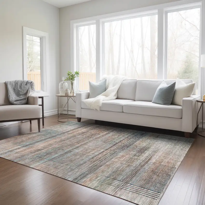 Copper Gray And Blue Striped Washable Indoor Outdoor Area Rug Photo 9