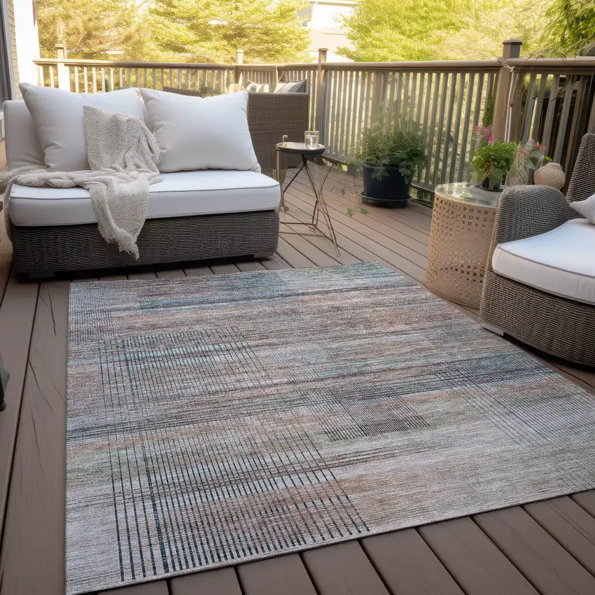 Copper Gray And Blue Striped Washable Indoor Outdoor Area Rug Photo 8