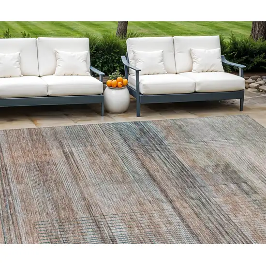 Copper Gray And Blue Striped Washable Indoor Outdoor Area Rug Photo 1