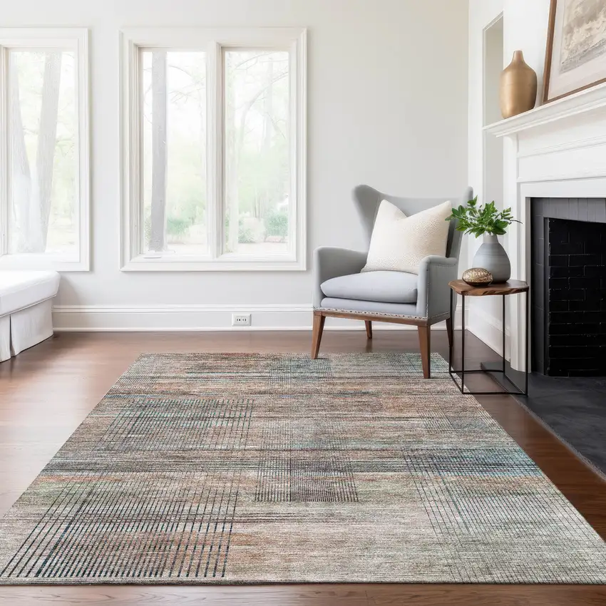 Copper Gray And Blue Striped Washable Indoor Outdoor Area Rug Photo 9