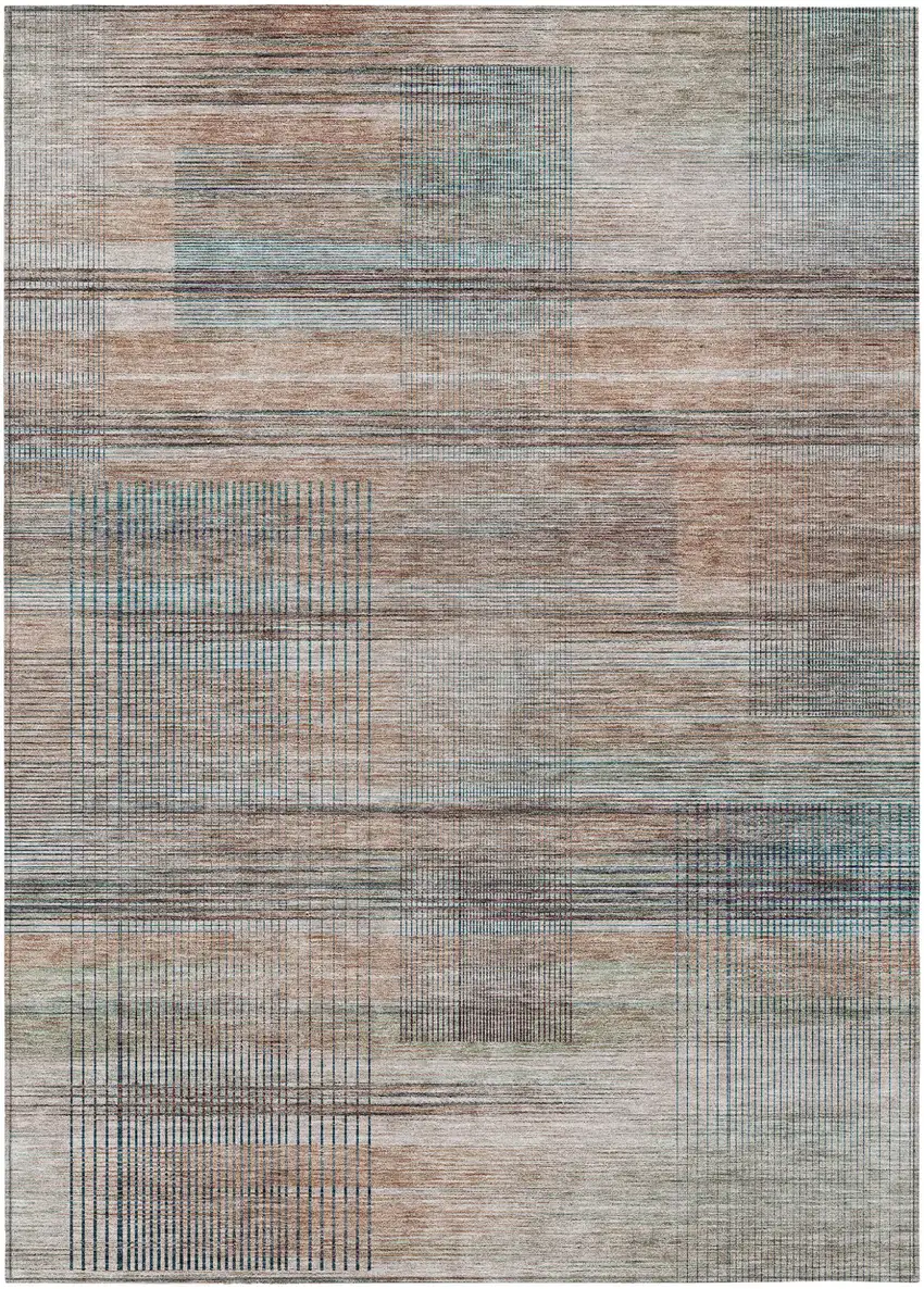 Copper Gray And Blue Striped Washable Indoor Outdoor Area Rug Photo 2
