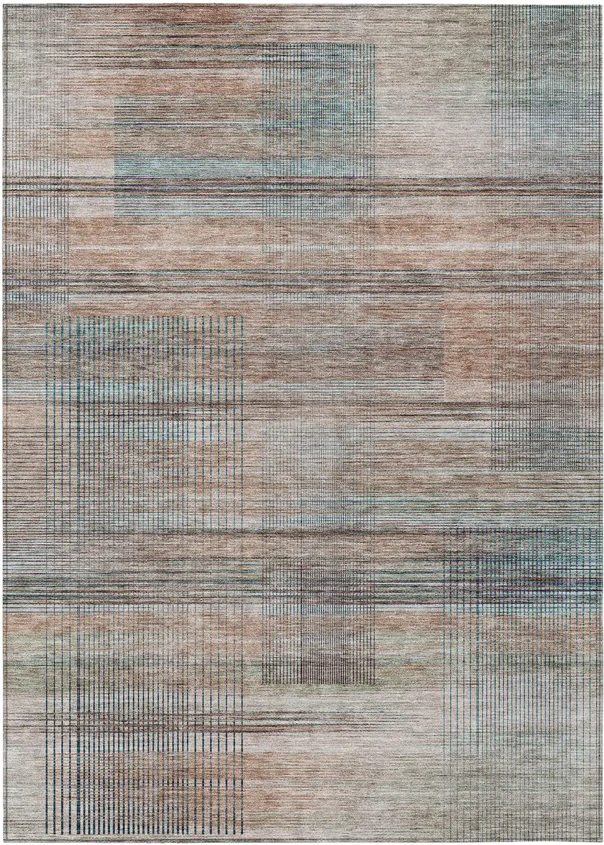Copper Gray And Blue Striped Washable Indoor Outdoor Area Rug Photo 2