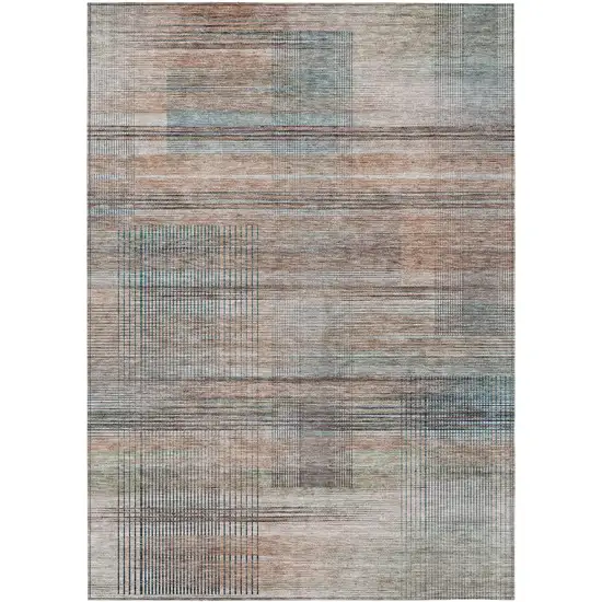 Copper Gray And Blue Striped Washable Indoor Outdoor Area Rug Photo 2