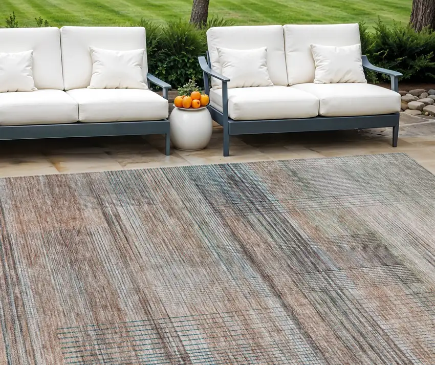 Copper Gray And Blue Striped Washable Indoor Outdoor Area Rug Photo 1