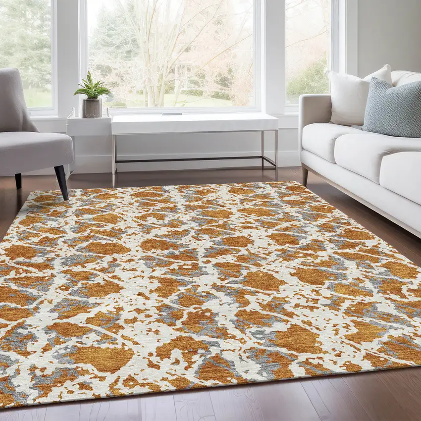 Copper Gray And Ivory Abstract Washable Area Rug With UV Protection Photo 4