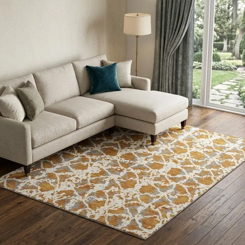 Copper Gray And Ivory Abstract Washable Area Rug With UV Protection Photo 1
