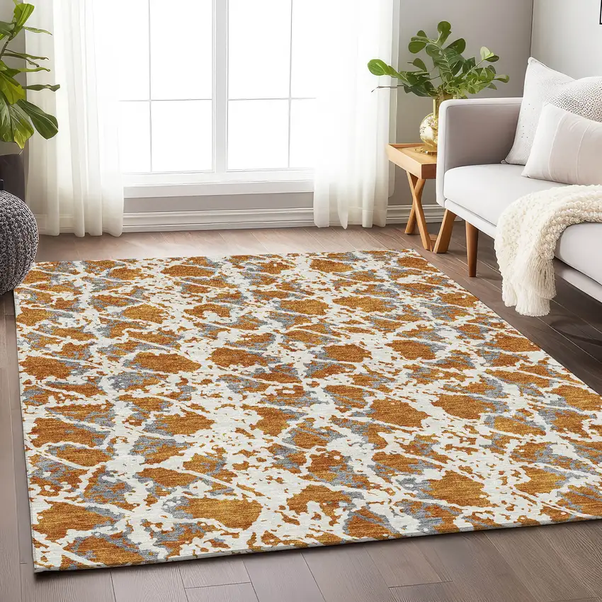 Copper Gray And Ivory Abstract Washable Area Rug With UV Protection Photo 4