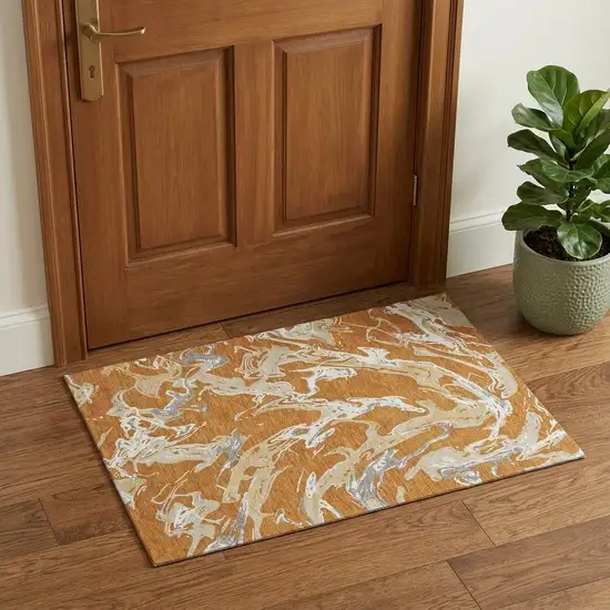 Copper Gray And Ivory Abstract Washable Area Rug With UV Protection Photo 1