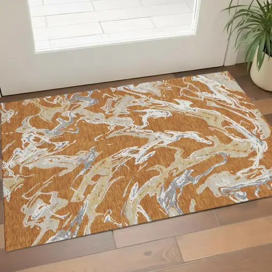 Copper Gray And Ivory Abstract Washable Area Rug With UV Protection Photo 1