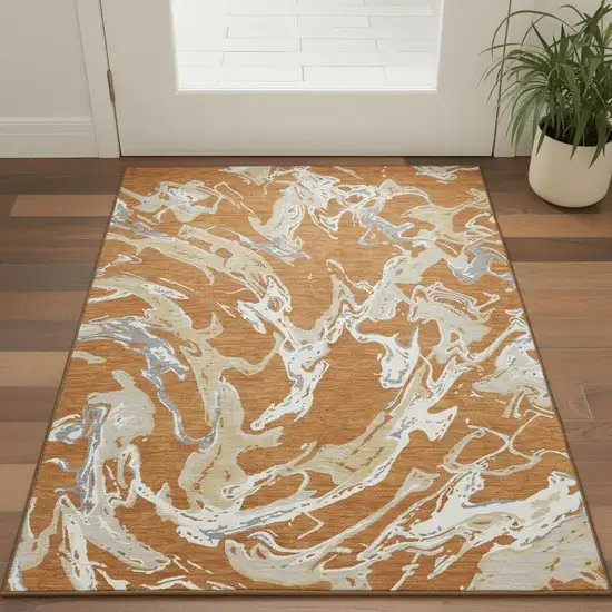 Copper Gray And Ivory Abstract Washable Area Rug With UV Protection Photo 2
