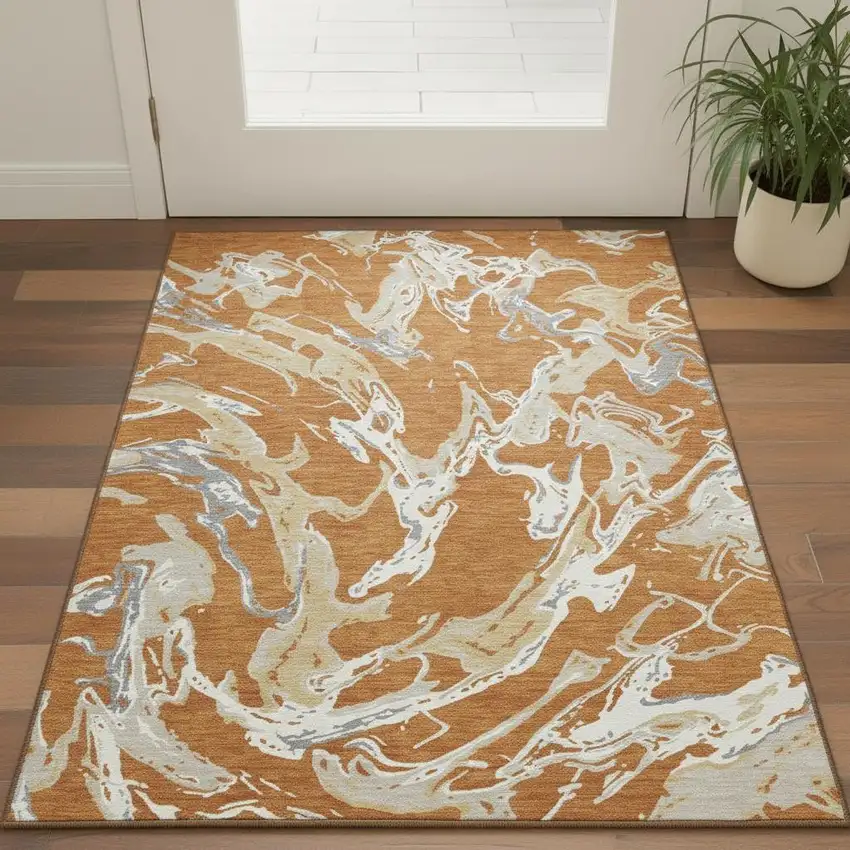 Copper Gray And Ivory Abstract Washable Area Rug With UV Protection Photo 2