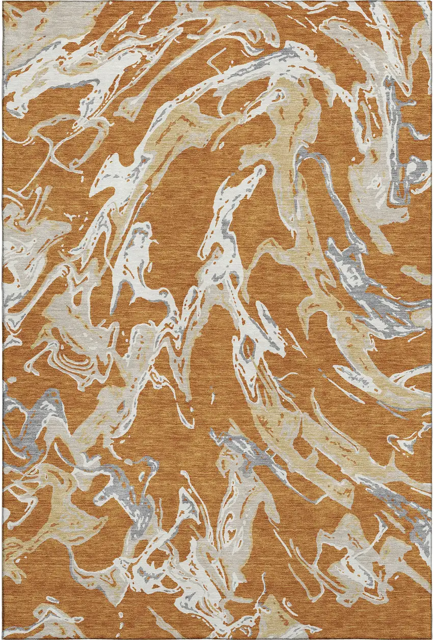 Copper Gray And Ivory Abstract Washable Area Rug With UV Protection Photo 1