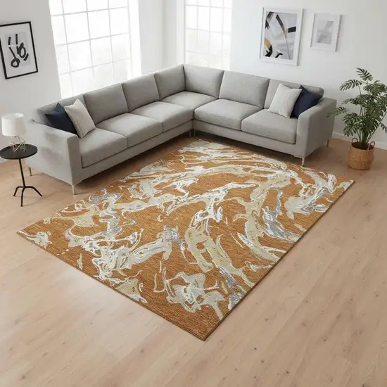 Copper Gray And Ivory Abstract Washable Area Rug With UV Protection Photo 2